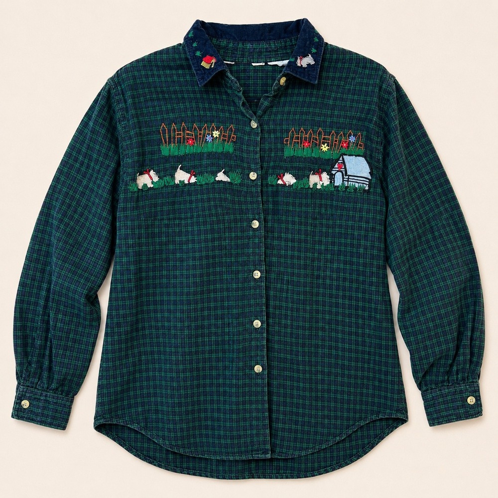 Vtg 90s Embroidery Scottie Dog Plaid Flannel Green Corduroy Cottagecore Farmcore - Picture 1 of 8